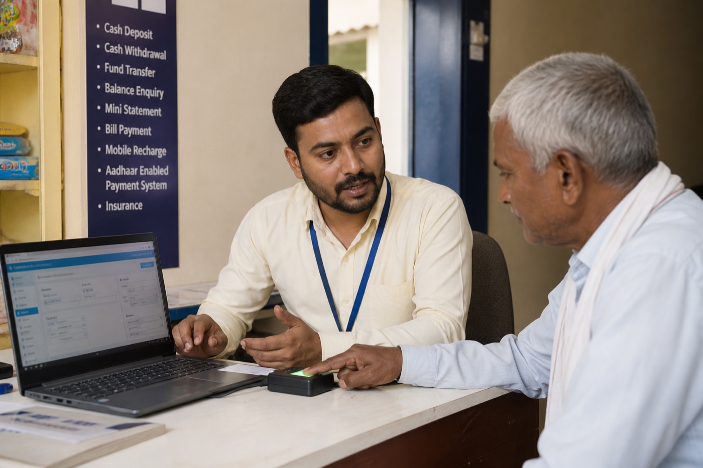Banking correspondent helping a customer with digital banking at a CSP outlet
